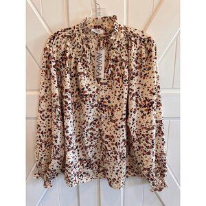 New Avara Leopard Print Ruffled Vneck Lantern Sleeve Blouse Womens Size Large
